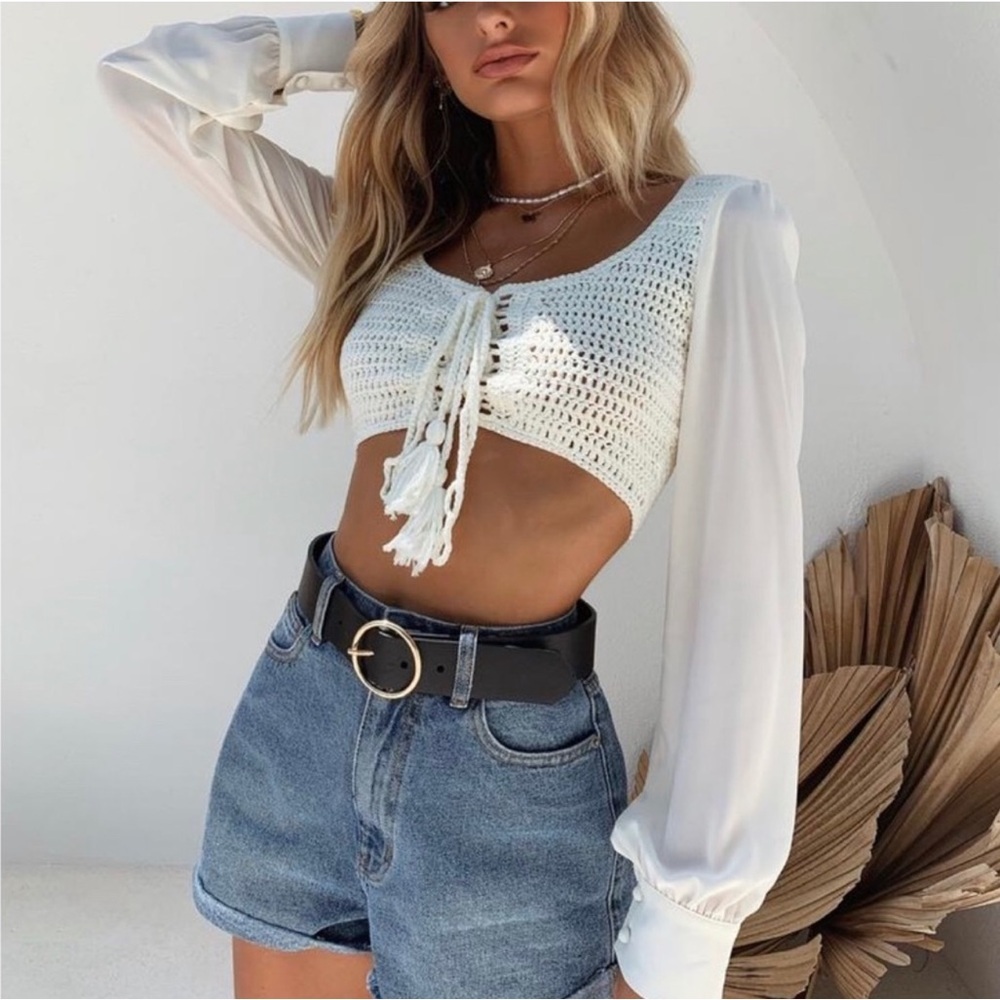 Tiger Mist White Crochet Lace-Up Crop Top with Long Sheer Sleeves